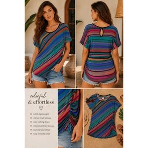 Lavish Top Womens L Multi‎ Color Boho Festival Summer Striped Casual Vibrant